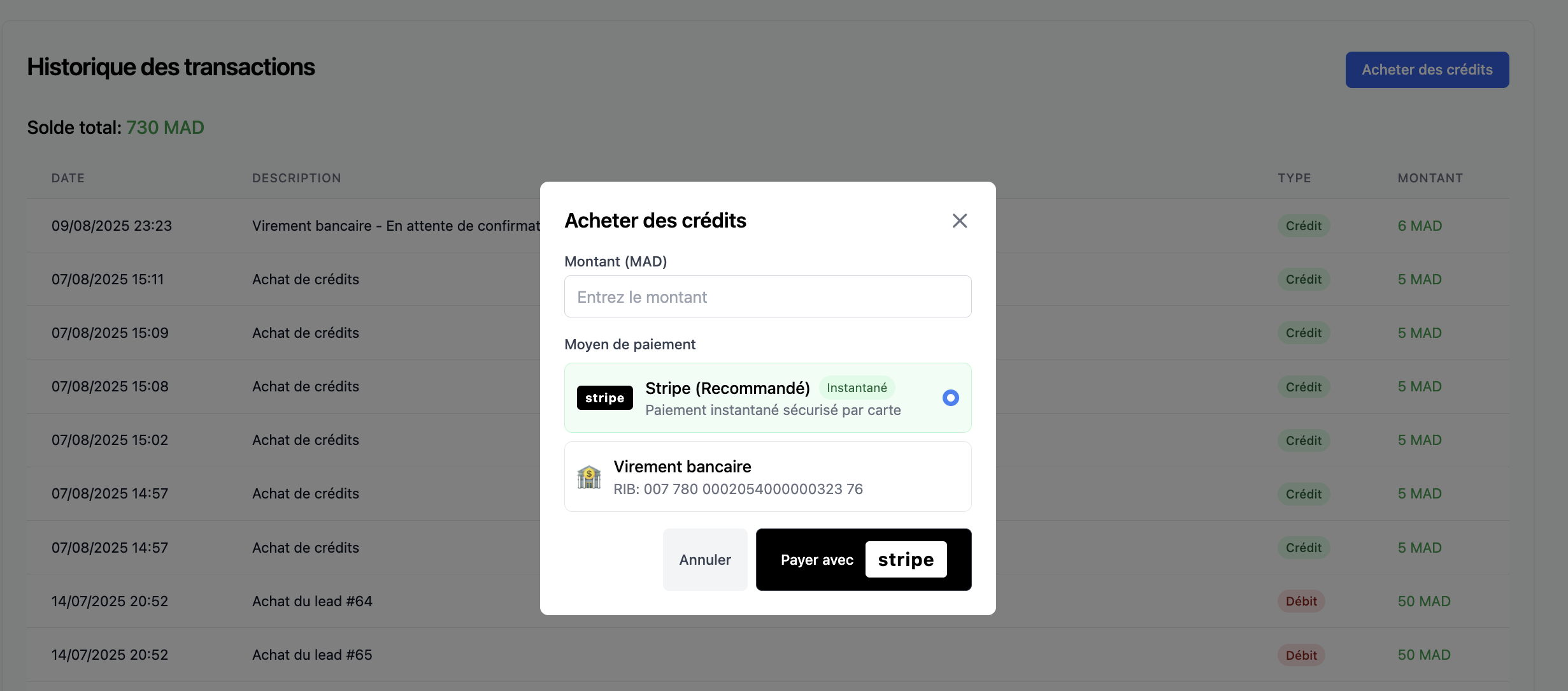 Achat de crédits & gestion de l'historique